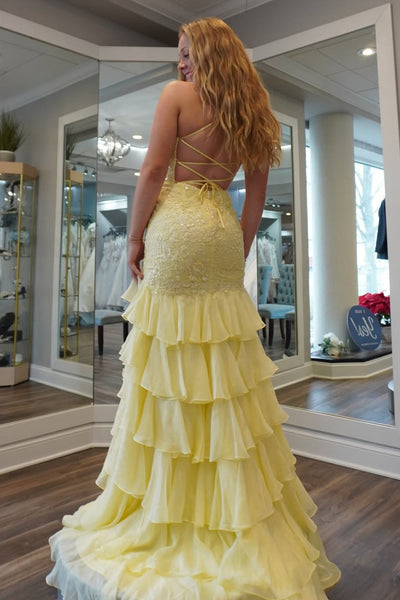 Chic Mermaid V Neck Daffodil Chiffon Tiered Prom Dress DM26011704