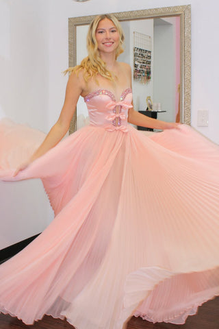 Unique A-Line Sweetheart Pink Pleate Chiffon Long Prom Dress with Beads DM25102205