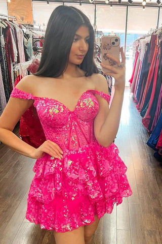 Cute A Line V Neck Hot Pink Tulle Short Homecoming Dress with Sequins MD090206