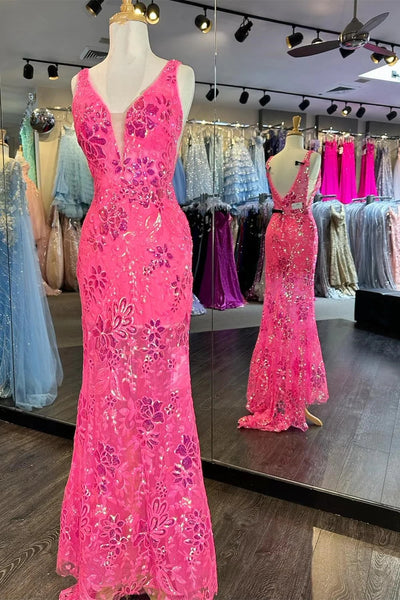 Pink Sequin Appliques Plunge V Mermaid Long Prom Dress MD102907