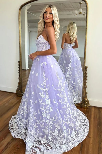 A Line Sweetheart Lilac Corset Prom Dress with Appliques MD100204