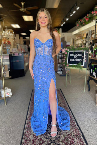 Mermaid Strapless Blue Sequin Long Prom Dress with Slit MD4030201