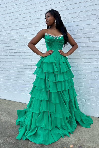 Gorgeous A Line Scoop Neck Green Chiffon Prom Dress with Beading DM52120307