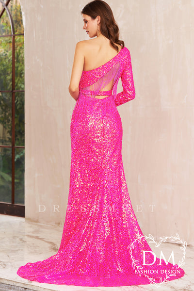 Hot Pink One Shoulder Fringe Back Mermaid Sequins Long Prom Dress MD121909
