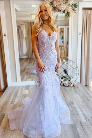 Mermaid V Neck Lilac Lace Glitter Tulle Long Prom Dresses MD103104