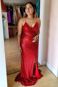 Red Sequin Surplice Lace-Up Mermaid Long Prom Dress with Slit MD112806