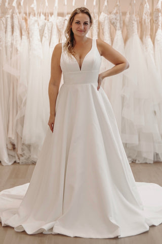Simple A-Line V Neck White Satin Wedding Dresses MD4030605