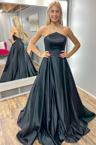 Simple Black Strapless A-Line Long Prom Dress MD111804