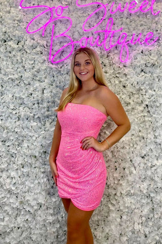 Cute Bodycon Strapless Hot Pink Sequins Tight Homecoming Dresses MD0902203