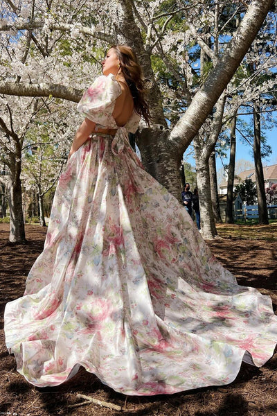 Princess Two Piece Floral Printed Long Prom Dresses with Slit MD4040305