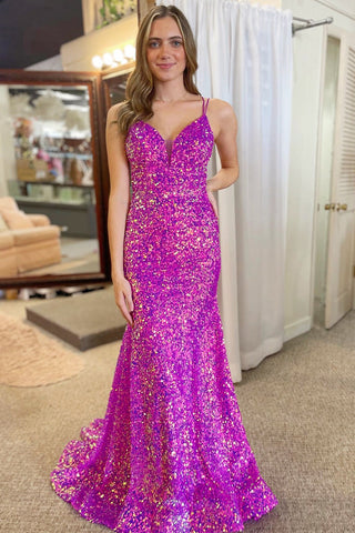 Magenta Sequin Lace-Up Mermaid Long Prom Dress MD112001