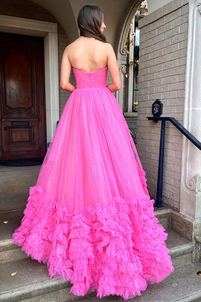 Fuchsia Strapless Ruffle A-Line Long Prom Dress MD122503