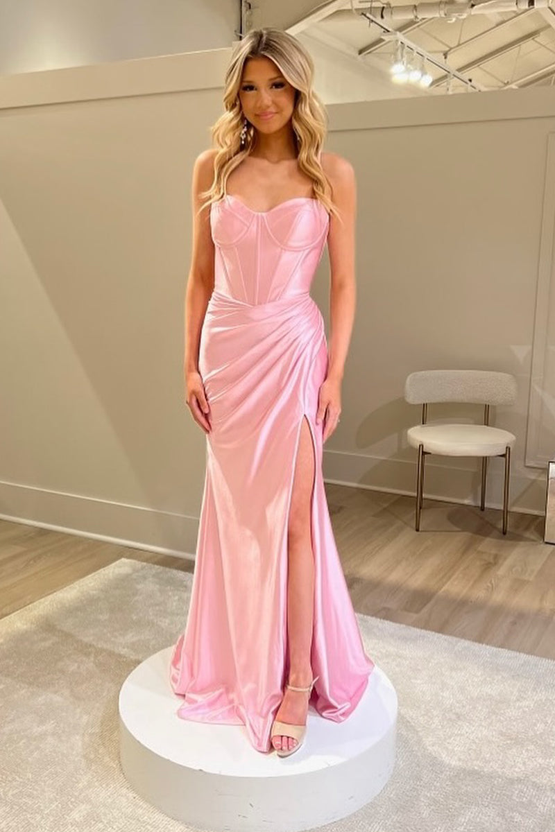 Simple Mermaid Sweetheart Pink Satin Long Prom Dress with Slit MD4032203