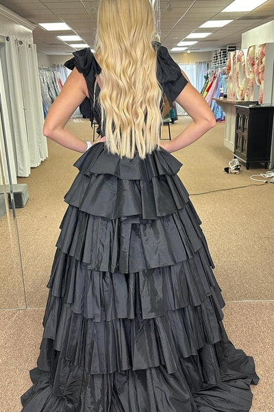 Black Plunge V Ruffle Tiered Ball Gown with Slit MD121602