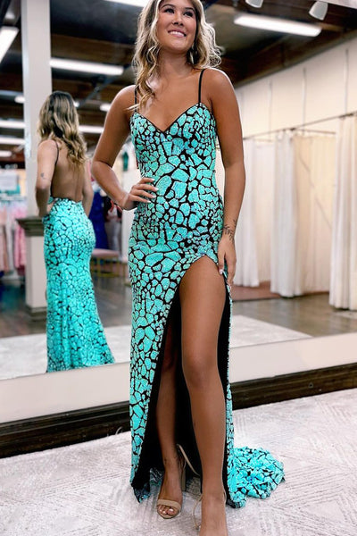 Glitter V Neck Mermaid Long Prom Dress with Slit MD120701