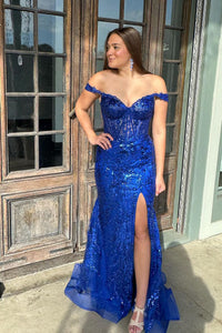 Royal Blue Sequin Lace Off the Shoulder Long Prom Dresses with Slit MD112206