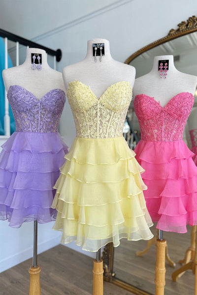 A-Line Strapless Pink Ruffle Chiffon Tiered Short Homecoming Dresses DM24071508