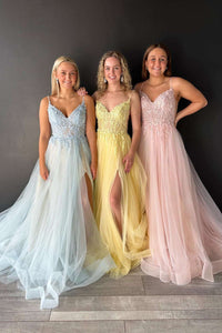 Blue Tulle V Neck A-Line Prom Dress with Appliques MD113005