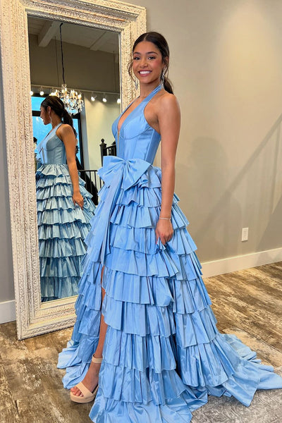 Cute A Line V Neck Blue Taffeta Satin Slit Prom Dress with Bow DM241802