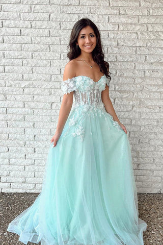 Tulle Applique Mint Green Off the Shoulder A line Evening Dresses Long Prom Dresses MD100401