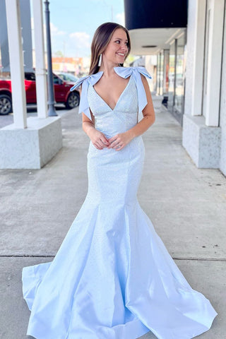 Lovely Mermaid V Neck Light Blue Satin Long Prom Dress with Beading DM4070710