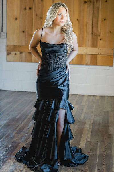Cute Mermaid Spaghettis Straps Black satin Long Prom Dress with Slit DM16021101