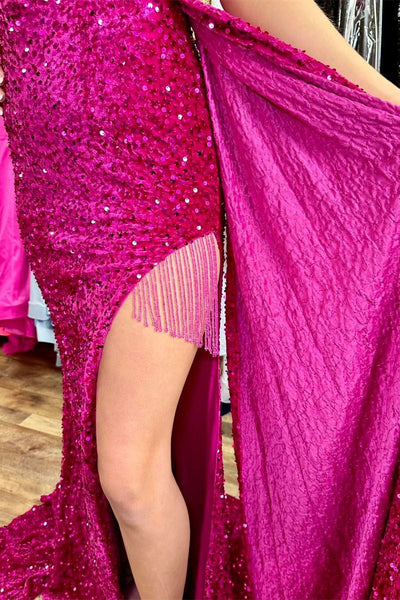 Magenta Sequin Mesh Off-the-Shoulder Long Prom Dress with Slit MD121606