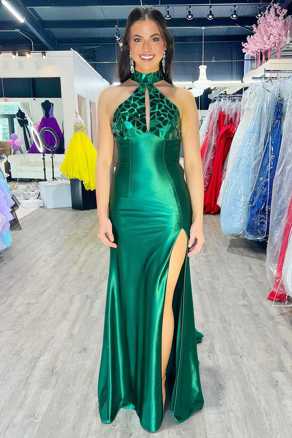 Charming Mermaid Halter Dark Green Elastic Satin Prom Dresses with Beading MD24092206 Dressmeet Charming Mermaid Halter Dark Green Elastic Satin Prom Dresses with Beading MD24092206 Dressmeet