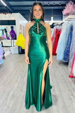 Charming Mermaid Halter Dark Green Elastic Satin Prom Dresses with Beading MD24092206