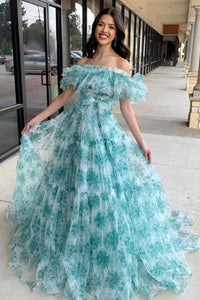 Cute A-Line Off the Shoulder Ruffle Floral Printed Long Prom Dresses MD4032004