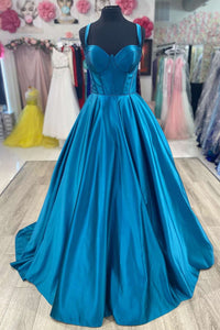 A-Line Sweetheart Blue Satin Long Prom Dress MD113001