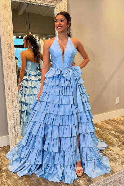 Cute A Line V Neck Blue Taffeta Satin Slit Prom Dress with Bow DM241802