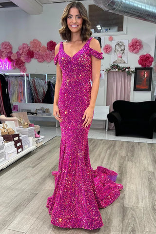 Magenta Sequin Cold-Shoulder Mermaid Long Prom Dresses MD102905