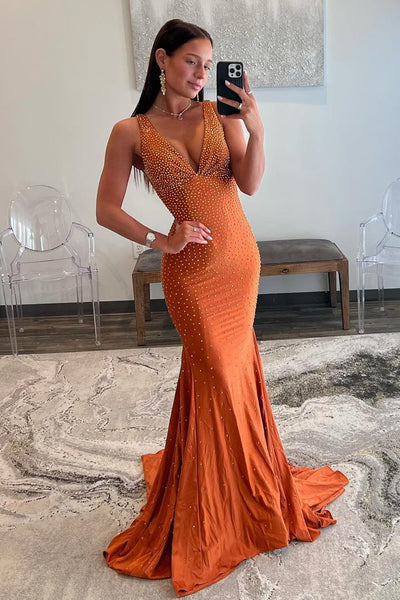 Orange V Neck Beaded Mermaid Long Prom Dresses MD4010807