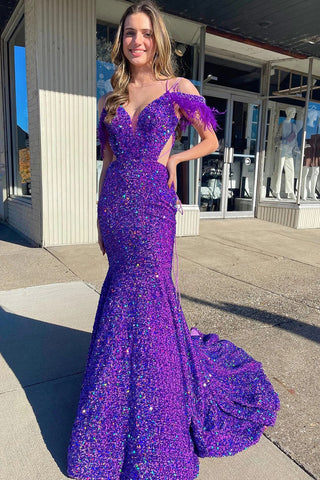 Mermaid Off the Shoulder Purple Sequins Cut Out Prom Dress with Feathers MD092306