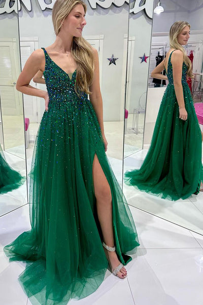 Dark Green V Neck Tulle Long Prom Dresses with Slit MD120905