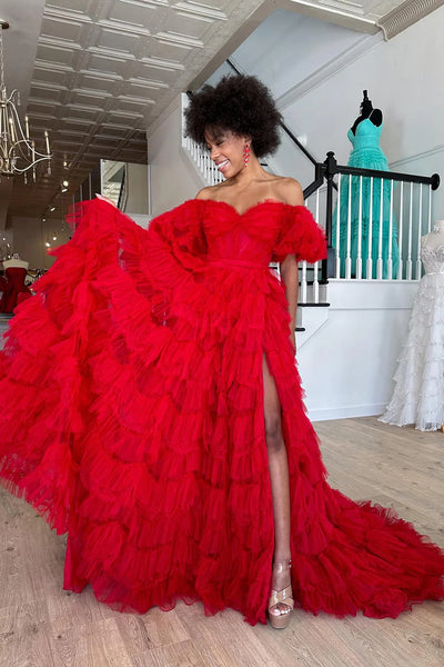 Red Off the Shoulder Tiered Ruffled Long Prom Dress with Slit DM3082701