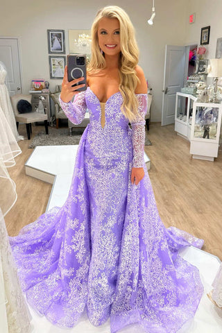 Lilac Strapless Tulle Prom Dress with Detachable Sleeves MD110304