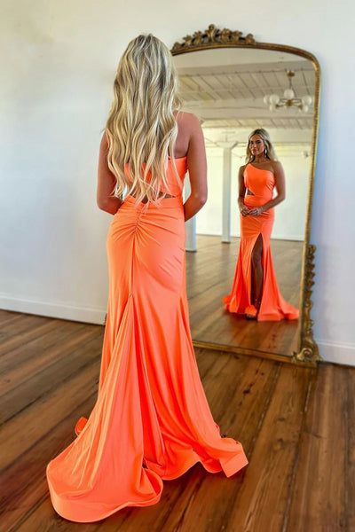 Orange One Shoulder Cutout Satin Mermaid Long Prom Dress with Slit MD4042301