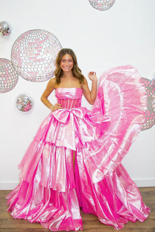 Fairy Ball Gown Strapless Pink Organza Ruffled Long Prom Dress with Bow DM1801