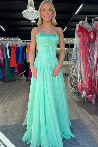 Simple A-Line Strapless Blue Chiffon Long Prom Dresses with Bow DM16021508