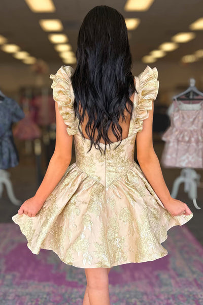 A Line Sweetheart Gold Jacquard Satin Short Homecoming Dress DM12060809