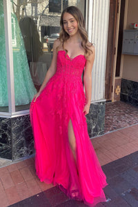 Hot Pink Strapless Floral Appliques A-line Long Prom Dress with Slit MD121301