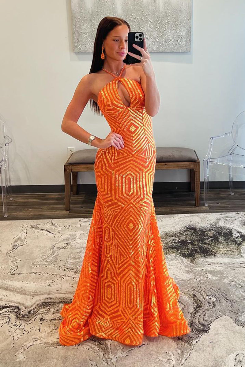 Charming Mermaid Halter Orange Sequins Long Prom Dress MD4022403