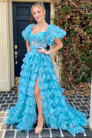 A-Line Sweetheart Blue Floral Printed Ruffle Tiered Tulle Long Prom Dress MD4051702