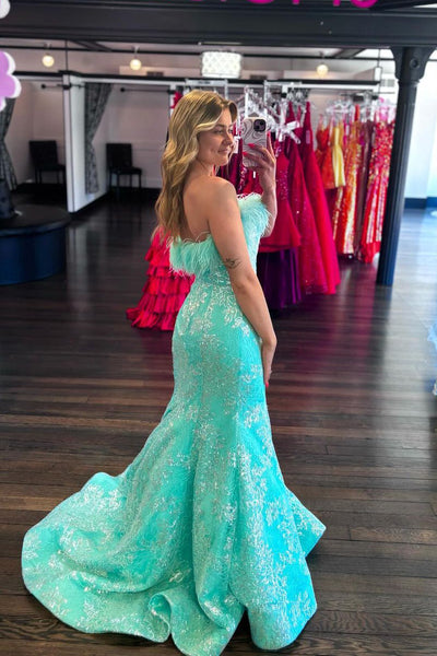 Mermaid Strapless Mint Sequins Long Prom Dress with Feather MD4050405