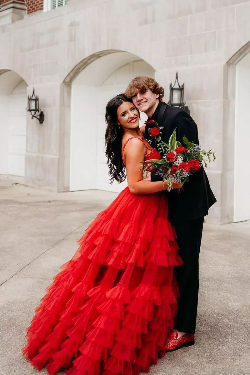 Red Ruffle Prom Dress Ball Gown Sweetheart Red Ruffle Tiered Tulle Prom Dress with Beading D ...