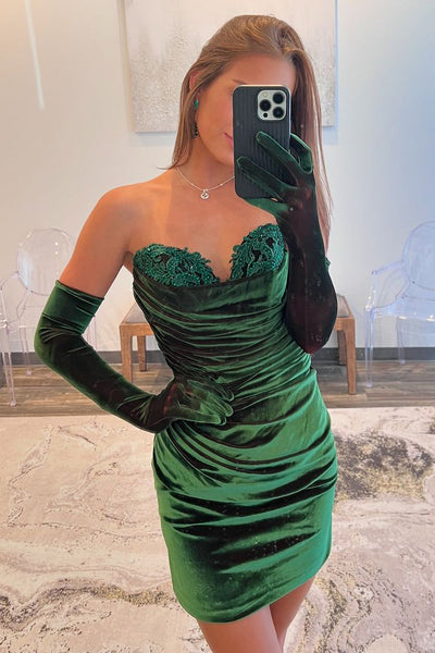 Cute Bodycon Strapless Dark Green Velvet Short Homecoming Dresses MD24091904