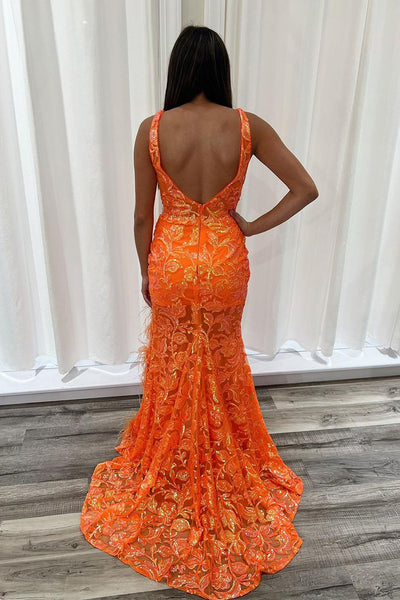 Mermaid V Neck Orange Sequins Long Prom Dress with Slit MD4030205