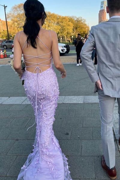 Elegant Spaghetti Straps Scoop Neck Lilac Lace Appliques Mermaid Long Prom Dress DM25102806